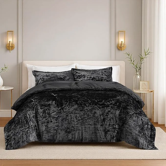 Premium Comfort Spaces Juliette Luxe Comforter Set Velvet Lush with Soft Brushed Microfiber Reverse All Season Cozy Velvet Bedding Sets Fluffy Comforter Bed Set Matching Sham Black King 3 Piece Reusable