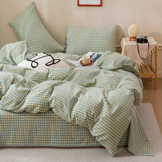 Dependable HighBuy Teen Green Blue Gingham Comforter Set Twin XL Size Modern Cute Plaid Comforter Set Grid Checkered Pattern Printed Comforter with 2 Pillowcases Fluffy Boho Farmhouse Gingham Bedding Set Refined