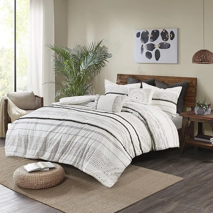 Flexible INK IVY Nea Cotton Duvet Set Mid Century Modern Design All Season Comforter Cover Bedding Set Matching Shams King Cal King Stripes Teasel White 3 Piece Organic
