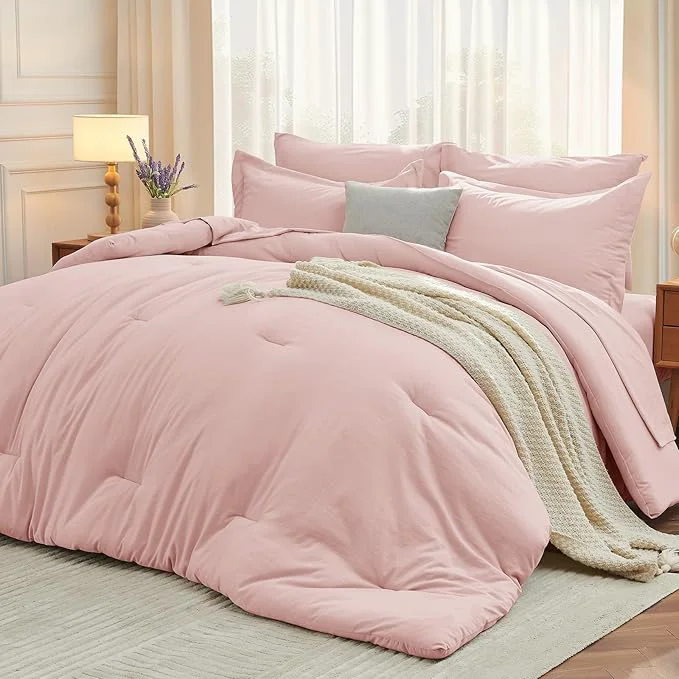 Top-Quality MUXHOMO 7 Pieces Queen Comforter Set Soft Bed in a Bag Queen Size All Season Bedding Set with Comforter Flat Sheet Fitted Sheet Pillowcases amp Shams Pink Detailed