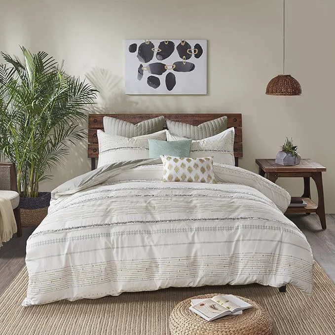 Powerful INK IVY Luxurious Cotton-Bedding Set - Mid Century Trendy Geometric Design All Season Cozy-Cover With Matching-Shams Full Queen Nea Trims Grey Multi Luxury