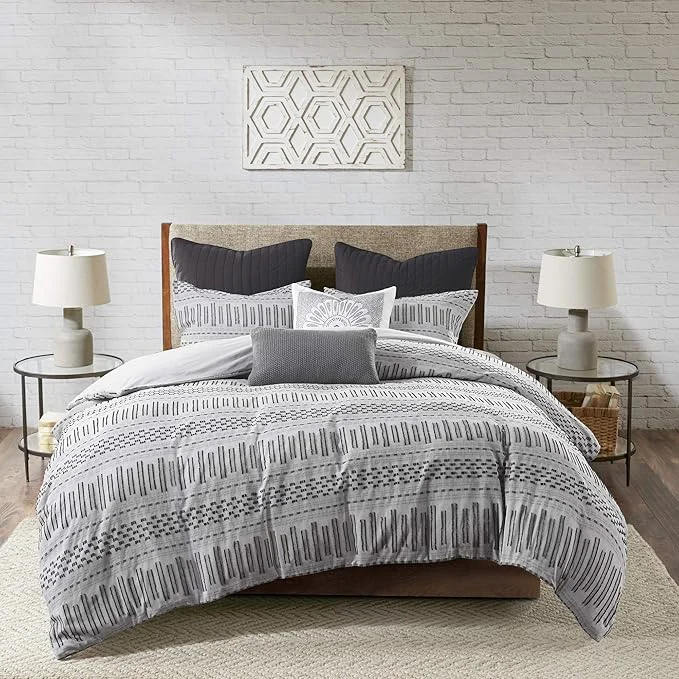 Flexible INK IVY Rhea Cotton Duvet Set Mid Century Modern Boho Design All Season Comforter Cover Bedding Set Matching Shams Full Queen Geometric Clipped Jacquard Grey 3 Piece Fine Crafted