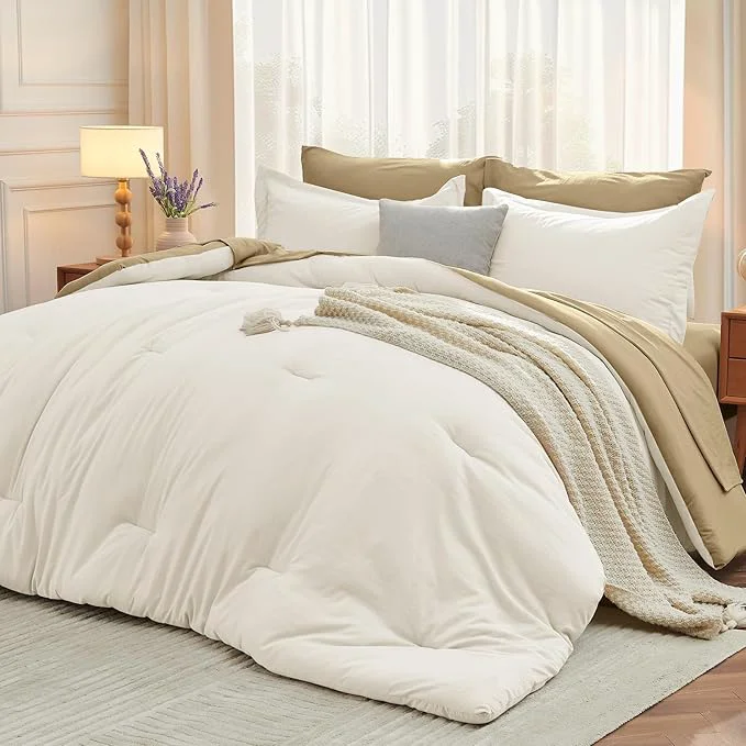 Contemporary MUXHOMO 7 Pieces Queen Comforter Set Soft Bed in a Bag Queen Size All Season Bedding Set with Comforter Flat Sheet Fitted Sheet Pillowcases amp Shams Ivory amp Khaki Powerful