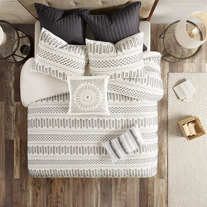 Quality INK IVY Rhea Cotton Duvet Set Mid Century Modern Boho Design All Season Comforter Cover Bedding Set Matching Shams King Cal King Geometric Clipped Jacquard Ivory 3 Piece Efficient