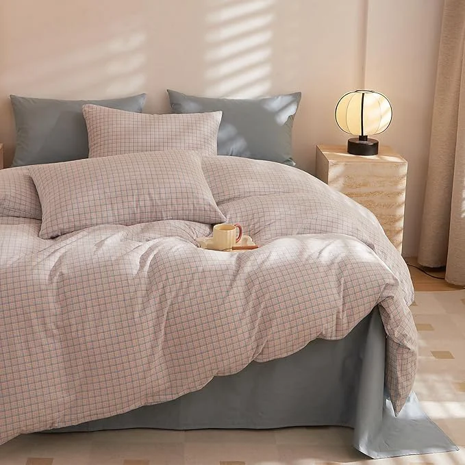 Flexible HighBuy Pink Blue Gingham Comforter Set King Modern Plaid Checkered Pattern Comforter 3 Pieces Grid Comforter with 2 Pillowcases Soft Fluffy Gingham Bedding Set Farmhouse Detailed