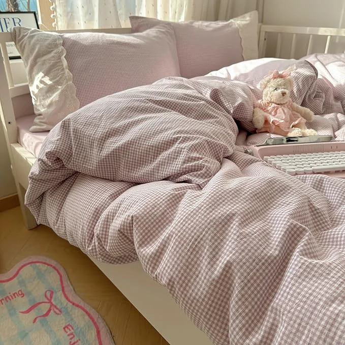 Casual HighBuy Full Comforter Set Purple Gingham Bedding Comforter with Lace Ruffles Farmhouse Grid Plaid Comforter Set for Girls Women Fluffy Grid Checkered Pattern Comforter with 2 Pillowcases Solid