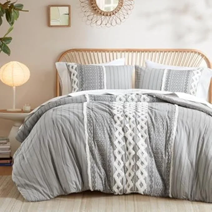 Sustainable INK IVY Comforter for King Size Bed Chenille Tufted Breathable Cotton Comforter Set King All Season Modern Boho Comforter with Farmhouse Bedding Flare 2 Matching Shams King Gray 3 Piece High-End