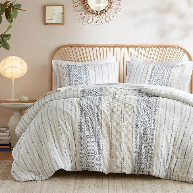 Unique INK IVY Cotton Duvet Mid Century Modern Design All Season Comforter Cover Bedding Set Matching Shams King Cal King Imani Chenille Navy Premium