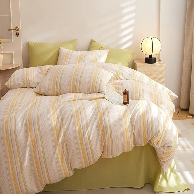 Durable HighBuy Multi Color Striped Comforter Set King Size Vintage Stripes Pattern Bedding Set 3 Pieces Comfy Soft Comforter with 2 Pillowcases Yellow Stripe Comforter Sets Lightweight Responsible