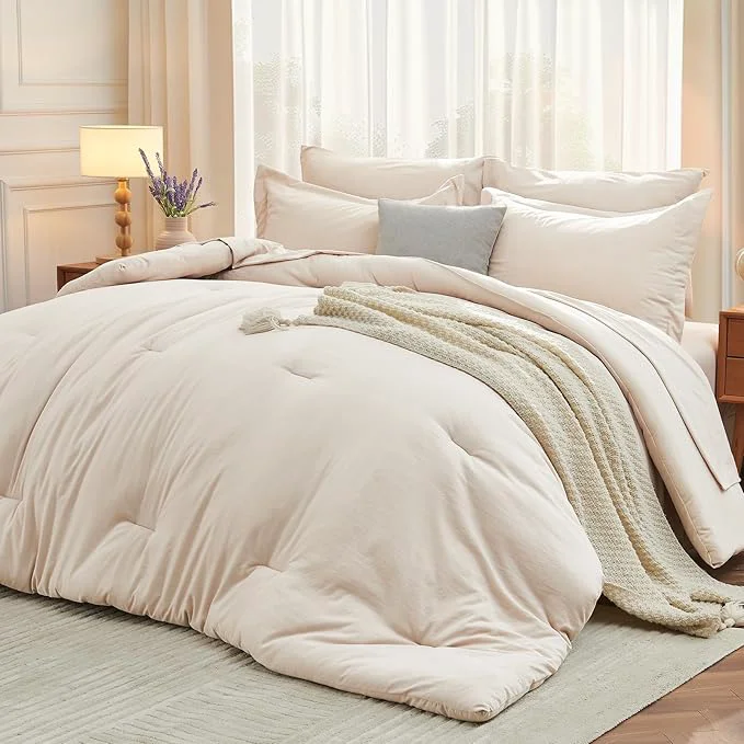 Minimalist MUXHOMO 5 Pieces Twin XL Comforter Set Soft Bed in a Bag Twin XL Size All Season Bedding Set with Comforter Flat Sheet Fitted Sheet Pillowcases amp Shams Beige Smooth