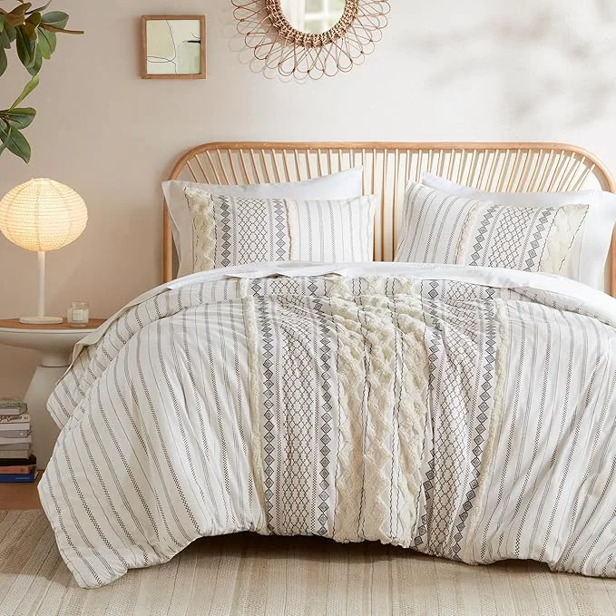 Minimalist INK IVY Imani Cotton Duvet Mid Century Modern Design All Season Comforter Cover Bedding Set Matching Shams Full Queen Ivory Chenille Tufted Accent 3 Piece Carefully Designed