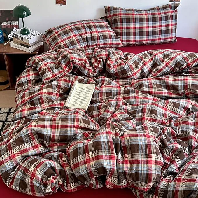 High-End HighBuy Queen Comforter Set Modern Style Red Gingham Comforter with Geometric Plaid Pattern 3 Piece Checkered Printed Bedding Comforter with 2 Pillowcases Fluffy Lightweight Gingham Bedding Set Soft