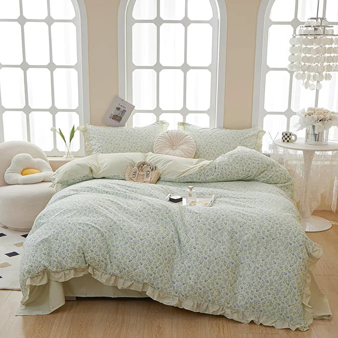 Artisan HighBuy Blue Floral Comforter Set Twin XL with Lace Edge Reversible Stripes Ruffled Comforter with 2 Lace Pillowcases Fluffy Coquette Cottagecore Botanical Bedding Comforter for Teen Girls Soft