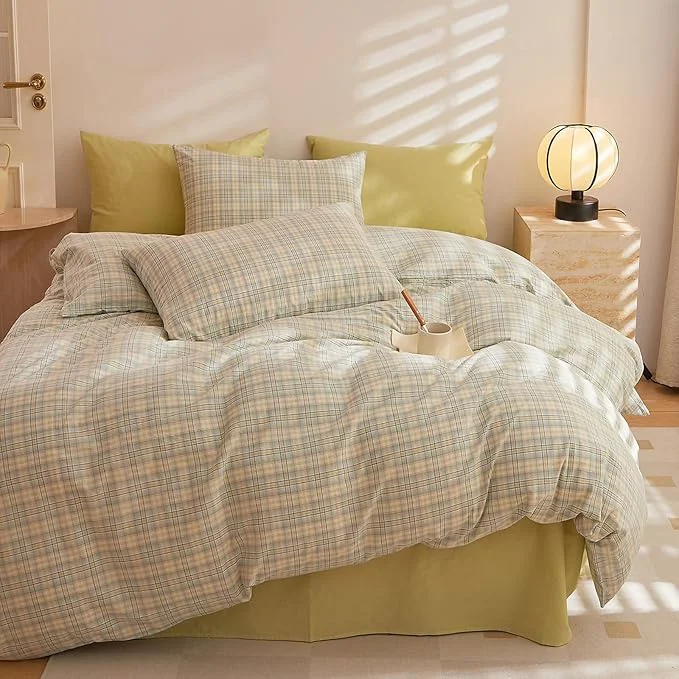 Versatile HighBuy King Comforter Set Green Gingham Plaid Comforter Modern Style Plaid Comforter Set 3 Pieces Grid Checkered Comforter with 2 Pillowcases Fluffy Soft Boho Gingham Bedding Set King Size Comfortable