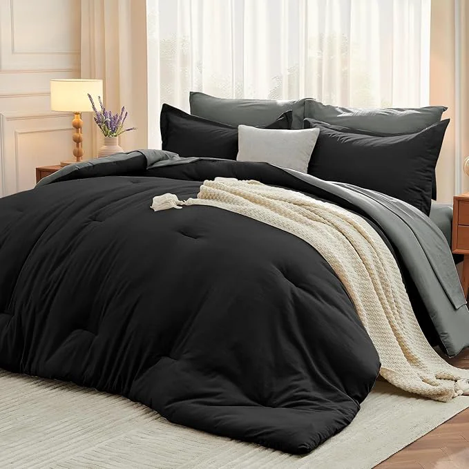 Original Design MUXHOMO 7 Pieces Full Comforter Set Soft Bed in a Bag Full Size All Season Bedding Set with Comforter Flat Sheet Fitted Sheet Pillowcases amp Shams Black amp Grey Genuine