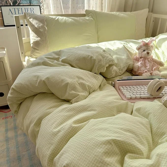 Organic HighBuy Sage Green Gingham Comforter Set Queen Modern Lace Ruffle Plaid Grid Comforter Set 3 Pieces Checkered Pattern Bedding Comforter with 2 Pillowcases All Seasons Gingham Comforter Set Traditional