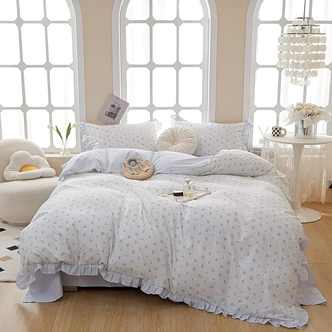 Exceptional HighBuy Ruffle Comforter Set Twin XL White Blue Floral Comforter Coquette Lace Floral Bedding Set Soft Striped Bedding Comforter Set 1 Lightweight Cottagecore Comforter with 2 Pillowcases Stylish