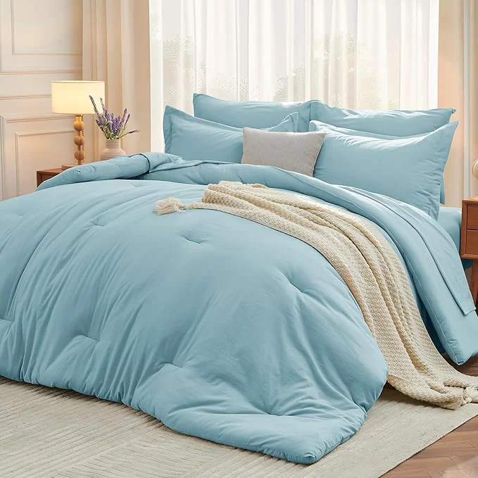 Crafted MUXHOMO 7 Pieces California King Comforter Set Soft Bed in a Bag Cal King Size All Season Bedding Set with Comforter Flat Sheet Fitted Sheet Pillowcases amp Shams Lake Blue Clean