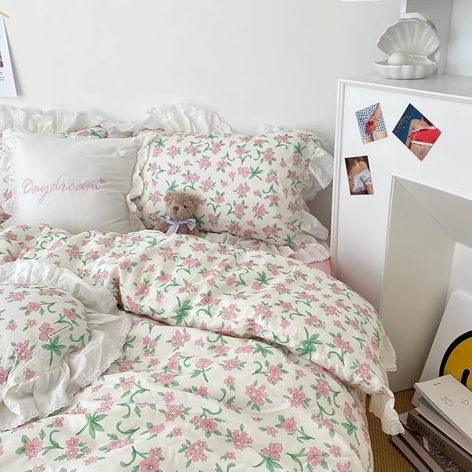 Expertly Made HighBuy Lace Ruffled Comforter Set Full Coquette Cottagecore White Pink Floral Bedding Comforter Cozy Soft with 2 Ruffle Pillowcases Princess Quilted Comforters Fluffy Chic Skin Friendly Quality