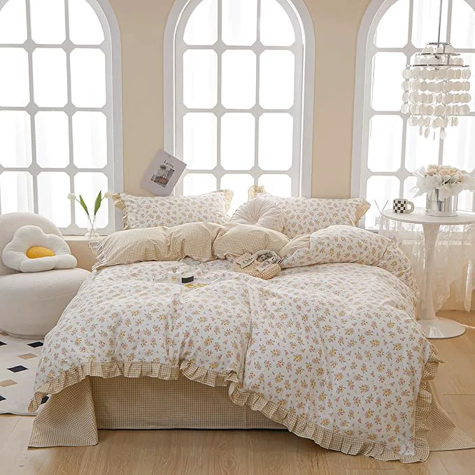 Genuine HighBuy Vintage Lace Comforter Set Full Size Girls Floral Bedding Comforter Set Cozy Yellow Grid Chic Princess Bedding Sets Boho with 2 Lace Ruffles Pillowcases Aesthetic Floral Comforter Sets High-Grade