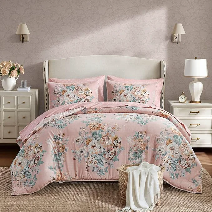 Convenient Madison Park Essentials Floral Comforter Set Full Size Vintage Flower Bedding Set with Sheet Set 7 Pieces Bed in a Bag with Reversible Botanical Comforter and Pillowcases amp Shams Heather Pink Easy-to-Use