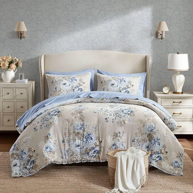 Verified Madison Park Essentials Floral Comforter Set Queen Size Vintage Flower Bedding Set with Sheet Set 7 Pieces Bed in a Bag with Reversible Botanical Comforter Pillowcases amp Shams Heather Beige Blue Dependable