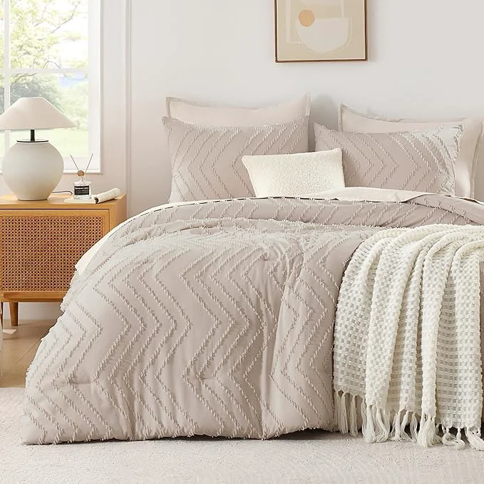 Verified Andency Linen Comforter Set King Size Boho Soft Warm Tufted Bedding Comforter Sets for King Size Bed 3 Pieces Aesthetic Chevron Farmhouse Cute Bohemian Textured Bedding Set Efficient