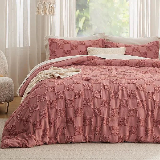 Safe Bedsure King Size Comforter Set Grayish Pink Boho Tufted Bed Set Checkered Farmhouse Shabby Chic Bedding 3 Pieces 1 Plaid Geometric Comforter and 2 Pillow Shams Exclusive