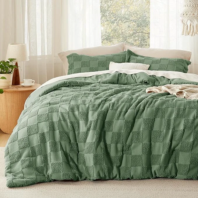 Professional Bedsure Queen Size Comforter Set Green Boho Tufted Bed Set Checkered Farmhouse Shabby Chic Bedding 3 Pieces 1 Plaid Geometric Comforter and 2 Pillow Shams Modern