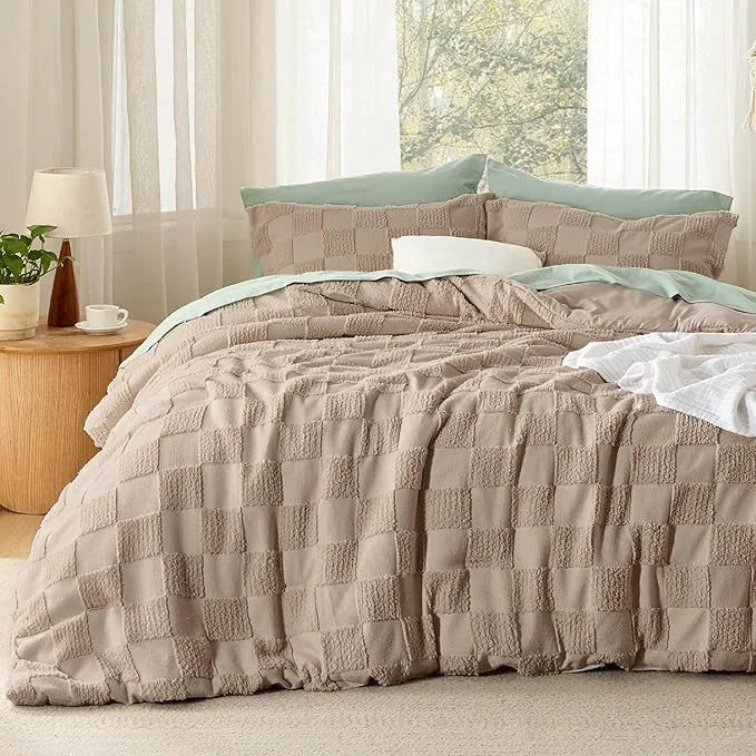 Quality Bedsure California King Size Comforter Set Khaki Boho Tufted Bed Set Checkered Farmhouse Shabby Chic Bedding 3 Pieces 1 Plaid Geometric Comforter and 2 Pillow Shams Responsible