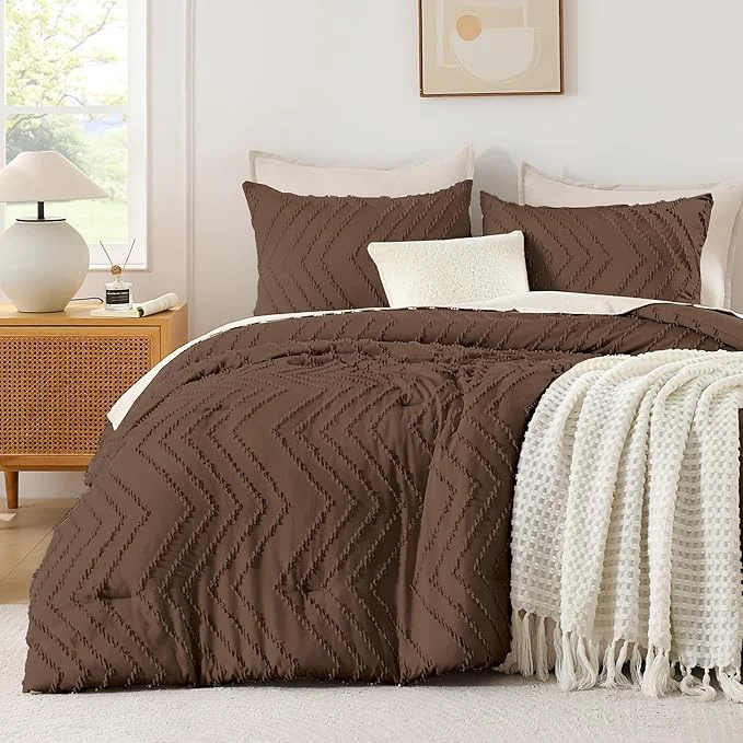 Versatile Andency Brown Comforter Set Full Size Boho Soft Warm Tufted Bedding Comforter Sets for Full Size Bed 3 Pieces Aesthetic Chevron Farmhouse Cute Bohemian Textured Bed Set Detailed