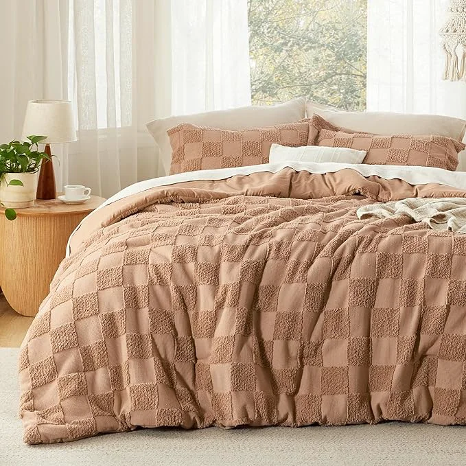 Professional Bedsure King Size Comforter Set Taupe Boho Tufted Bed Set Checkered Farmhouse Shabby Chic Bedding 3 Pieces 1 Plaid Geometric Comforter and 2 Pillow Shams Efficient