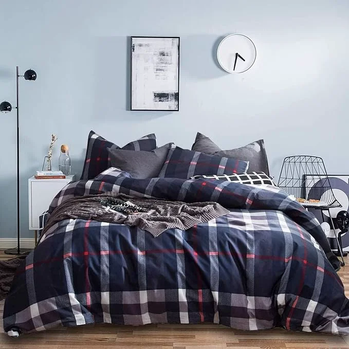 Pure Houseri Dark Navy Plaid Comforter Sets Cal King Deep Blue Bedding Set California King Size Navy Grid Buffalo Checkered Bed Sets Tartan Gingham Check Blanekts Cali King Exclusive