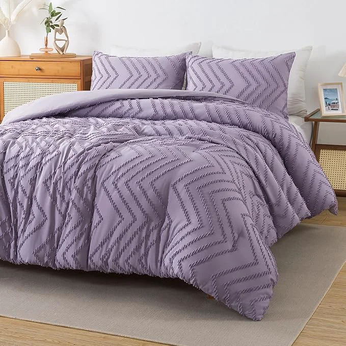 Trendy Andency Purple Comforter Set King Size Boho Girls Women Lavender Soft Fluffy Warm Lightweight Bedding Comforter Sets for King Bed 3 Pieces Chevron Tufted Aesthetic Microfiber Comforter Set Eco-Friendly