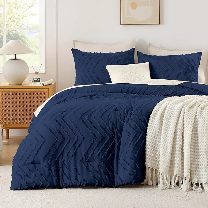 Verified Andency Navy Blue Oversized Queen Comforter Set Boho Soft Warm Bedding Comforter Sets 3 Pieces Aesthetic Chevron Farmhouse Cute Bohemian Textured Bed Set Green