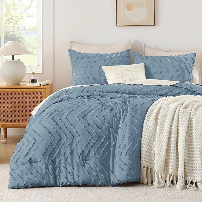 Minimalist Andency Greyish Blue Comforter Set Queen Size Boho Soft Warm Tufted Bedding Comforter Sets for Queen Size Bed 3 Pieces Aesthetic Chevron Farmhouse Cute Bohemian Textured Bed Set Innovative
