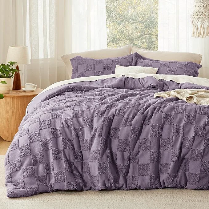 High-End Bedsure Queen Size Comforter Set Grayish Purple Boho Tufted Bed Set Checkered Farmhouse Shabby Chic Bedding 3 Pieces 1 Plaid Geometric Comforter and 2 Pillow Shams World-Class