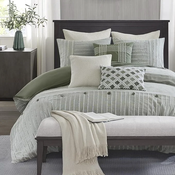 Functional Madison Park Queen Comforter Set Cotton Clipped Jacquard Oversized Comforters Queen Size Bed All Season Down Overfilled Queen Size Comforter Essence Full Queen Green 8 Piece Pure