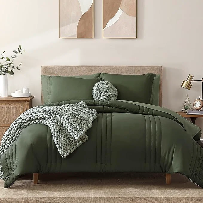 Trendy Monbix Queen Comforter Set - 7 Pieces Olive Green Bed in a Bag Queen Bedding Sets with Comforters All Seasons Comforter Bed Set with Sheets Pillowcases amp Shams Smooth