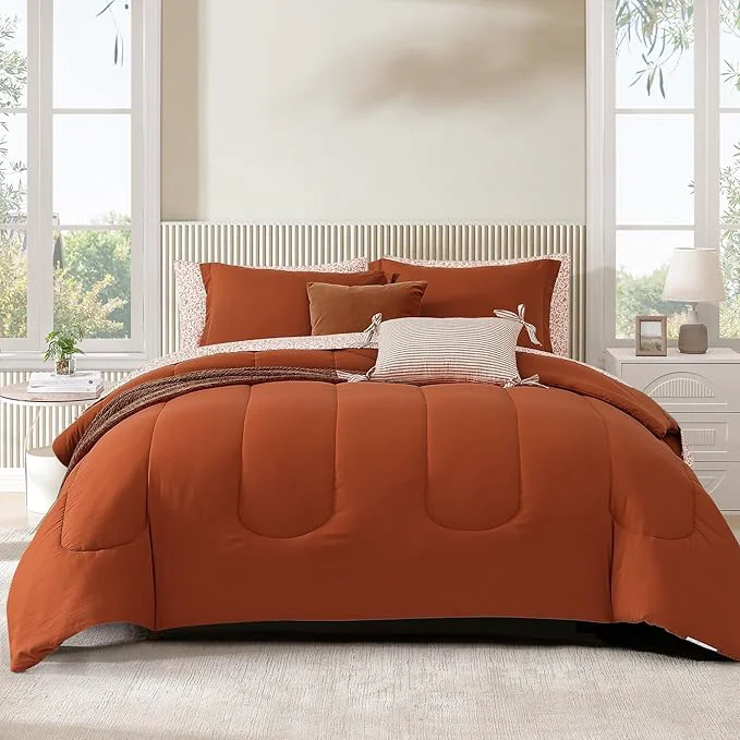 High-End Monbix Queen Comforter Set - 7 Pieces Burnt Orange Bed in a Bag Queen Track Stitching Bedding Sets All Seasons Comforter Bed Set with Sheets Pillowcases amp Shams Recyclable