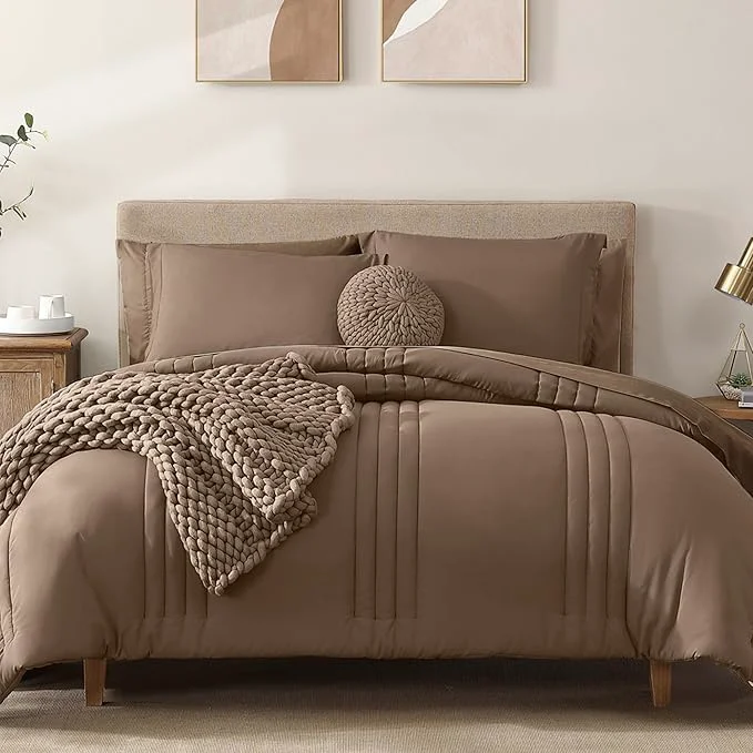 High-Performance Monbix Super King Plus Size Comforter Set - 7 Pieces Raw Umber Bed in a Bag Super King Plus Bedding Sets with Comforters All Seasons Comforter Bed Set with Sheets Pillowcases amp Shams Traditional