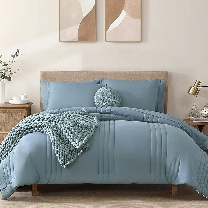 Convenient Monbix King Size Comforter Set - 7 Pieces Bed in a Bag King Dusty Blue Bedding Sets with Comforter All Seasons Comforter Bed Set with Sheets Pillowcases amp Shams Breathable
