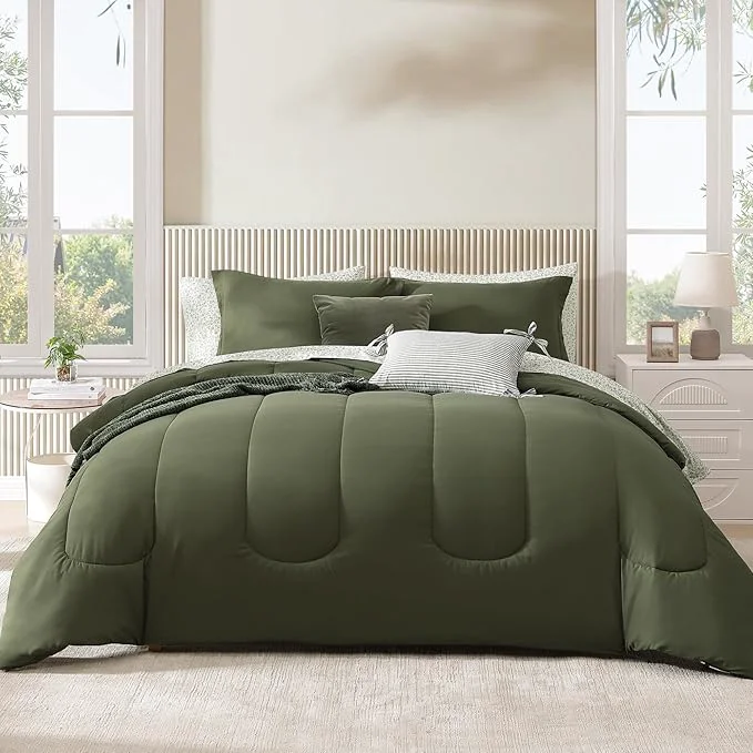 Soft Monbix Queen Comforter Set - 7 Pieces Olive Green Bed in a Bag Queen Track Stitching Bedding Sets All Seasons Comforter Bed Set with Sheets Pillowcases amp Shams Fashionable