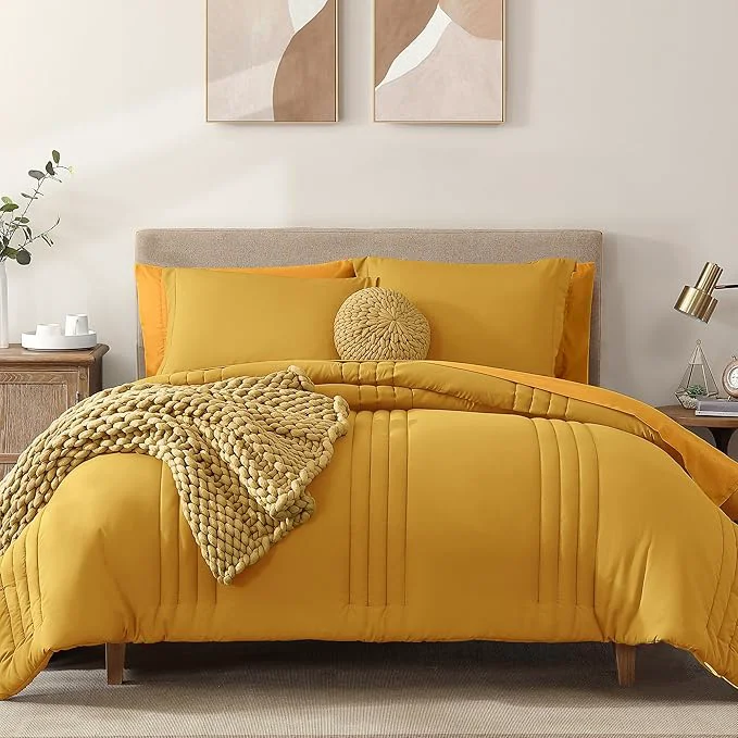 Unique Monbix Queen Comforter Set - 7 Pieces Bright Yellow Bed in a Bag Queen Bedding Sets with Comforters All Seasons Comforter Bed Set with Sheets Pillowcases amp Shams Modern
