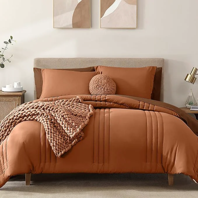 Top-Quality Monbix Oversized Queen Comforter Set - 7 Pieces Burnt Orange Bed in a Bag Oversized Queen Bedding Sets with Comforters All Seasons Comforter Bed Set with Sheets Pillowcases amp Shams Superior
