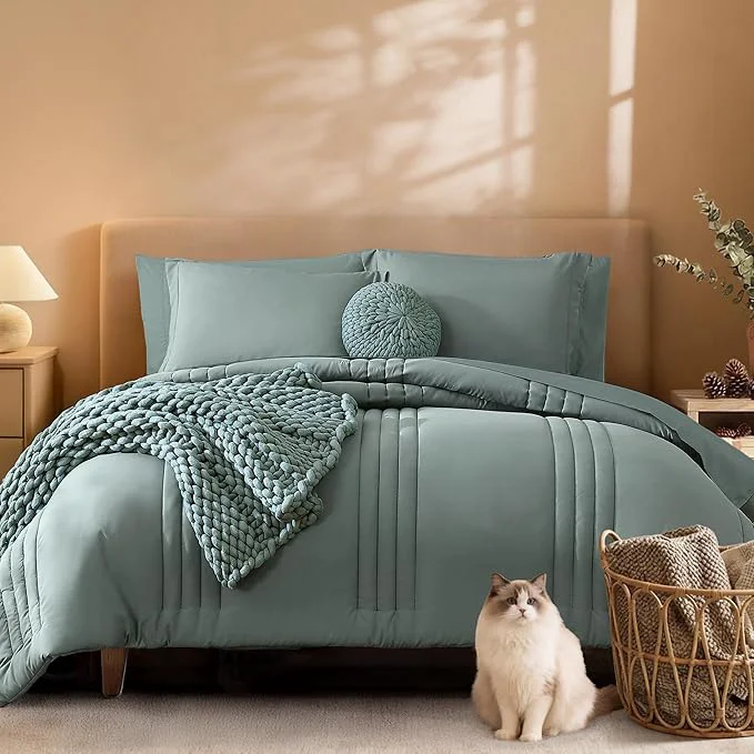 Authentic Monbix Super King Plus Size Comforter Set - 7 Pieces Sage Green Bed in a Bag Super King Plus Bedding Sets with Comforters All Seasons Comforter Bed Set with Sheets Pillowcases amp Shams Quality