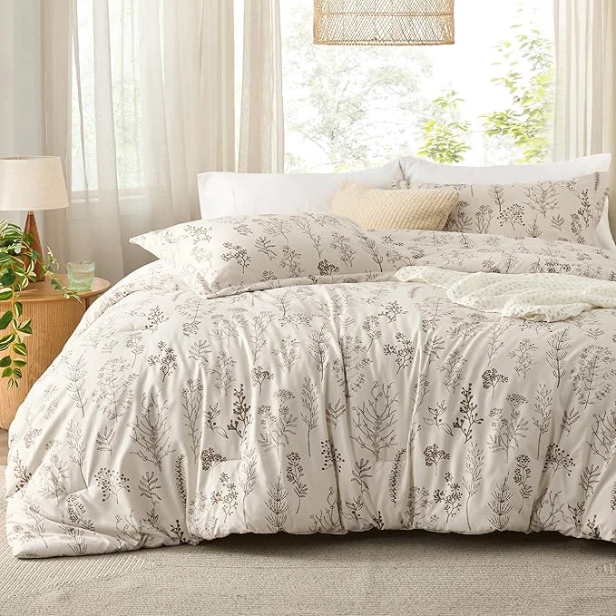 Professional Bedsure Full Comforter Set - Beige Bed Set 3 Pieces Cute Floral Bedding 1 Soft Botanical Flowers Comforter and 2 Pillow Shams Organic
