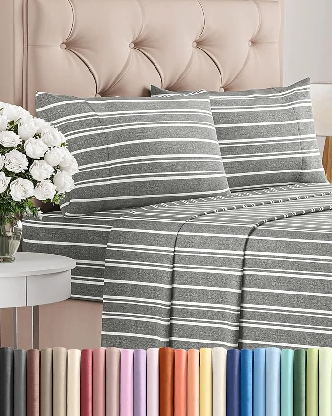 Authentic Queen Size 4 Piece Sheet Set - Comfy Breathable amp Cooling Bed Sheets Set - Hotel Luxury Bedding for Women Men Kids Teens Boys amp Girls - Deep Pockets Soft Wrinkle - Oeko-Tex - Grey Stripes 3 Exclusive