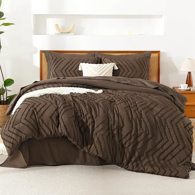 Carefully Designed Litanika California King Size Comforter Set with Sheets Brown - 7 Pieces Bed in a Bag Cal King Chevron Tufted Complete Bedding Sets with Comforter Sheets Pillowcases amp Shams Reusable
