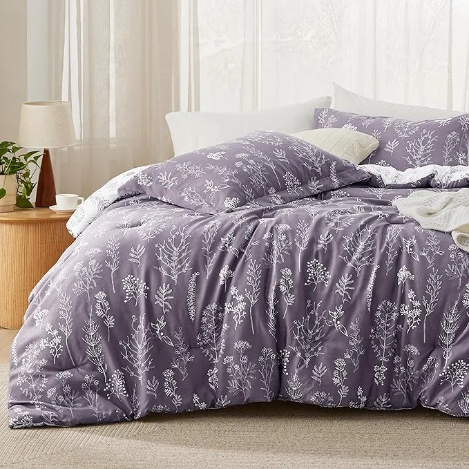 Classic Bedsure King Comforter Set - Grayish Purple Bed Set 3 Pieces Cute Floral Bedding 1 Soft Reversible Botanical Flowers Comforter and 2 Pillow Shams Consistent